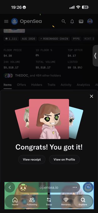 The image shows an OpenSea mobile app screenshot on the Robinhood Chain, confirming a successful NFT purchase with a "Congrats! You got it!" message displayed over a cute cartoon-style character with star eyes. The transaction details visible include a 24H volume of $5,518.17 and 1,111 items in the collection, illustrating the secondary purchase of a Nostalgios NFT mentioned in the post.