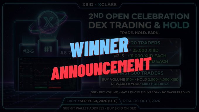 Promotional banner for the XCLASS '2nd Open Celebration DEX Trading & Hold' event with a 'Winner Announcement' overlay, covering periods from September 19-30, 2026, with results on October 1, 2026.