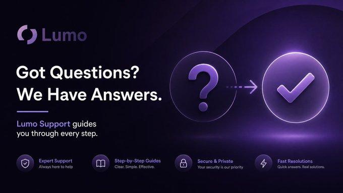 A purple-themed promotional banner for Lumo reading 'Got Questions? We Have Answers. Lumo Support guides you through every step' with features like Expert Support, Step-by-Step Guides, Secure & Private, and Fast Resolutions.