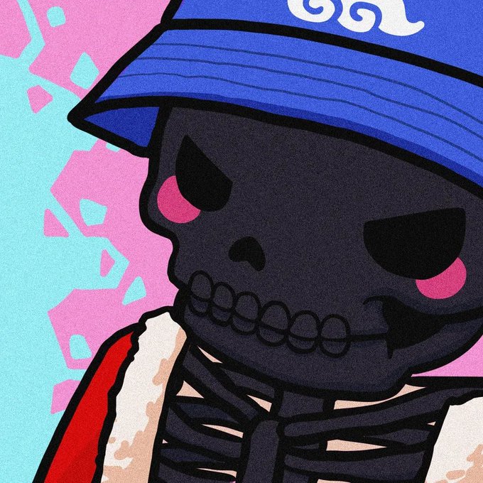 A stylized cartoon skeleton character with a black skull, pink cheek blushes, and a stitched grin wears a blue ribbed beanie with white swirl patterns, along with a red, white, and beige garment, set against a vibrant pink and turquoise background featuring geometric shapes, presented as an NFT giveaway for holders of the Chogs collection.