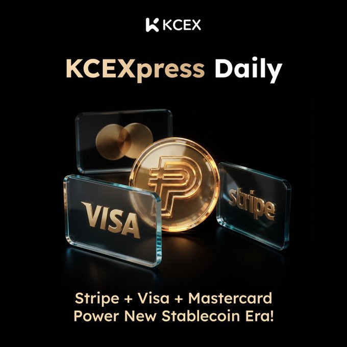 The image features a black background with three different coins placed on top, including a gold coin labeled "Penny," a silver coin labeled "Visa," and a glass coin labeled "Stripe" along with the words "Mastercard." The text in the image suggests that these coins are part of a new stablecoin platform called "KCEXpress Daily" which is backed by major companies like Stripe, Visa, and Mastercard. The post also mentions that Coinbase is considering joining this new stablecoin era.