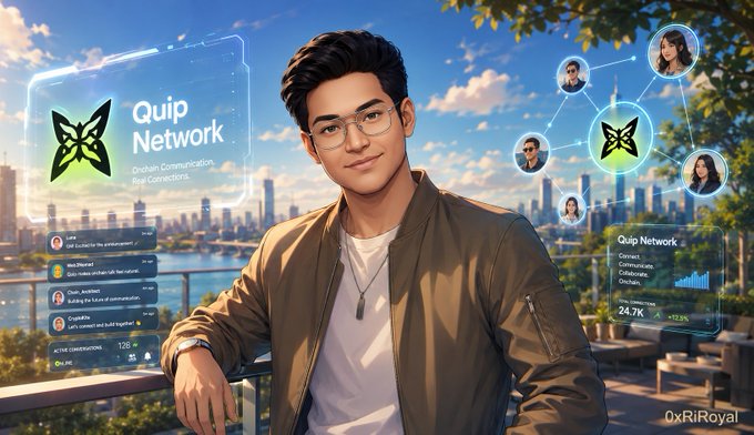 A promotional graphic for 'Quip Network' featuring a young man in glasses surrounded by holographic displays showing a butterfly logo, network connection stats, and active connections, signed '0xRJRoyal'.