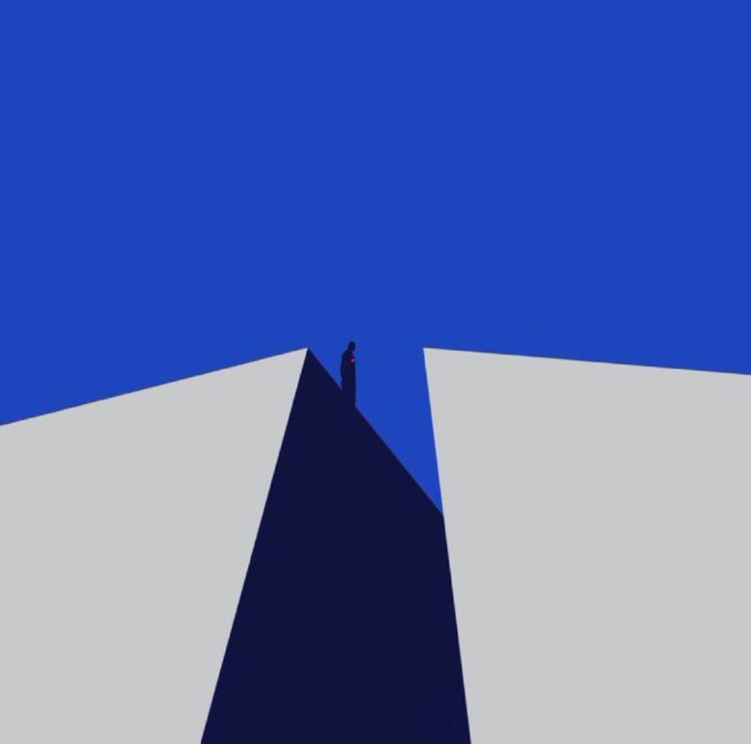 Minimalist graphic illustration showing a silhouetted figure standing at the top of a tall dark triangular peak against a solid blue sky.