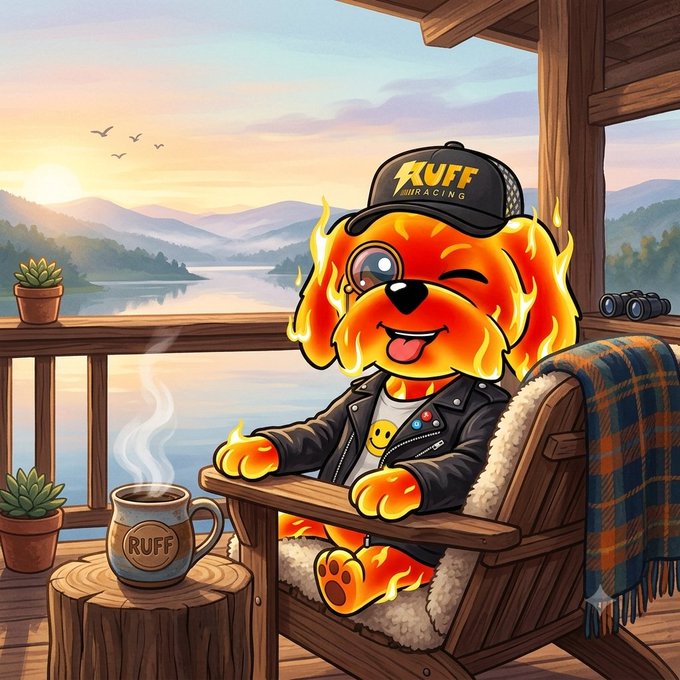 A vibrant digital illustration of a flaming orange dog mascot wearing a black 'RUFF ENRAGING' cap and leather jacket, sitting in a cozy wooden chair on a porch with a steaming coffee mug overlooking a misty lake at sunset.