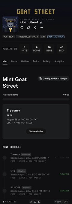 A mobile app screenshot for an NFT minting page titled 'GOAT STREET' on the Robinhood Chain, showing a free mint countdown, 6,666 available items, and an Ethereum value of $2,477.07.