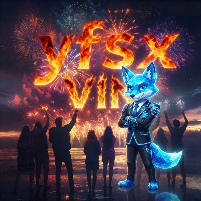 An anthropomorphic blue fox mascot in a sleek suit stands confidently with arms crossed as fiery "YFSX VIN" text blazes against a night sky filled with fireworks and silhouetted figures holding sparklers. The image visually reinforces the YFSX/VIN crypto project by using bold flames and celebratory pyrotechnics to symbolize the token's energetic, community-driven launch.