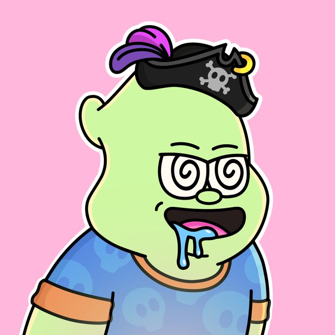 A cartoon illustration of a green character with a pirate hat featuring a skull and crossbones, wearing glasses with spiral eyes and drooling, set against a pink background.