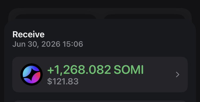 A dark-themed crypto wallet notification showing a 'Receive' transaction on Jun 30, 2026 15:06 for +1,268.082 SOMI ($121.83) with the SOMI token logo.