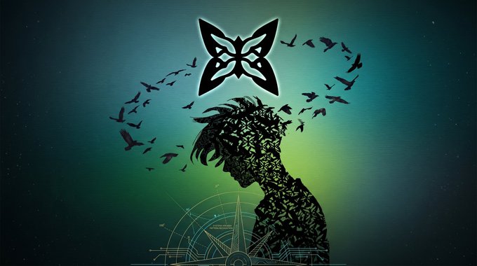 A digital artwork showing a silhouette of a woman with birds flying out from her head, with a butterfly symbol above against a green-to-blue gradient background.