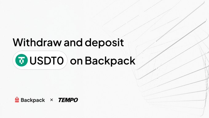 A promotional graphic announcing "Withdraw and deposit USDT0 on Backpack," featuring the Backpack and Tempo logos alongside the text "Backpack x TEMPO," visually highlighting the partnership's new support for USDT0 stablecoin transactions on the Tempo network.