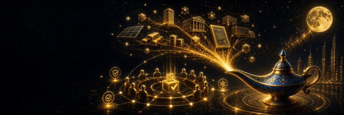 Decorative fantasy-style illustration showing an ornate golden genie lamp releasing glowing cityscape, gold bars, Bitcoin symbols, and human figures into a starry night sky with a full moon.