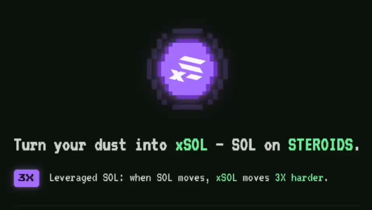 The image shows a purple circle with an X inside, which appears to be a logo or symbol related to cryptocurrency. The text above the image reads "Turn your dust into xSOL - Solana", suggesting that the image might be promoting a cryptocurrency called Solana. The image also includes a code block that says "3x" and "harder," possibly indicating a specific feature of the cryptocurrency, such as its difficulty level or the amount of time it takes to mine.