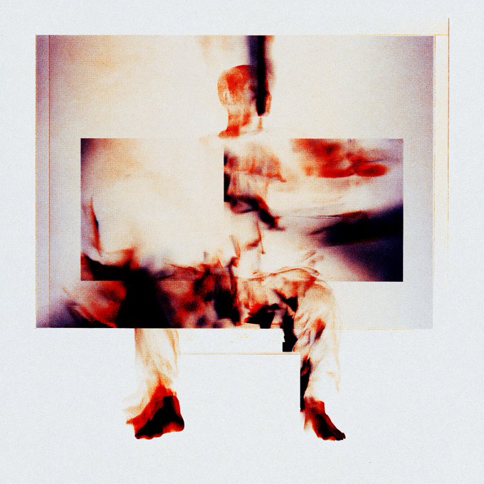 An abstract, double-exposure style image with red, orange, and dark tones creating distorted, ghostly figures and a shadowy rectangular frame against a light background.