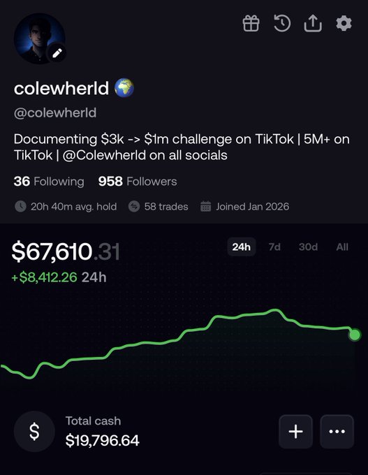 A mobile trading app profile for 'colewherld' (@colewherld) documenting a '$3k -> $1m challenge on TikTok', showing a portfolio value of $67,610.31 with a 24h gain of +$8,412.26.