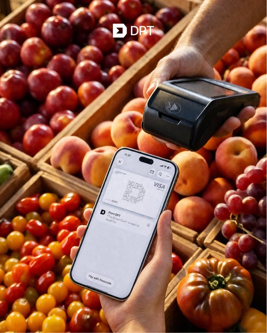 A customer taps their phone to pay with a Visa card via "Pay with Passcode" while a merchant holds a DPT-branded payment terminal over crates of fresh produce, illustrating the brand's card-based payment technology referenced in the post. The "DPT" logo is visible at the top, alongside the Visa card details and a message to "Pay with Passcode."
