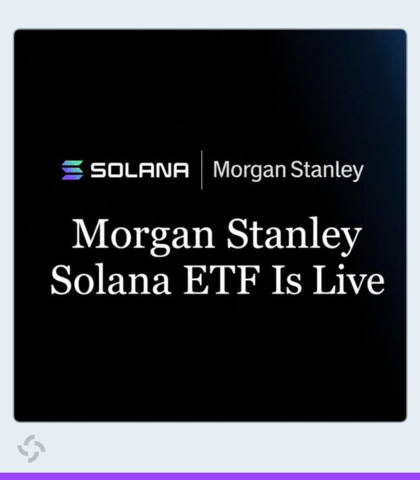 A graphic with a black background announces "Morgan Stanley Solana ETF Is Live," featuring the Solana and Morgan Stanley logos side-by-side, promoting the newly launched $MSOL staking ETF that distributes 95% of staking rewards to holders.