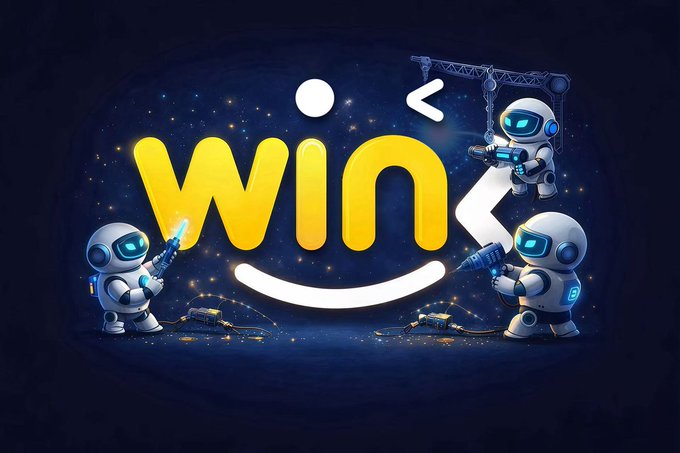 Illustration of two white robots working on a glowing yellow "win" logo with a smiley face on a dark blue starry background, with one robot using a crane and the other using a drill.