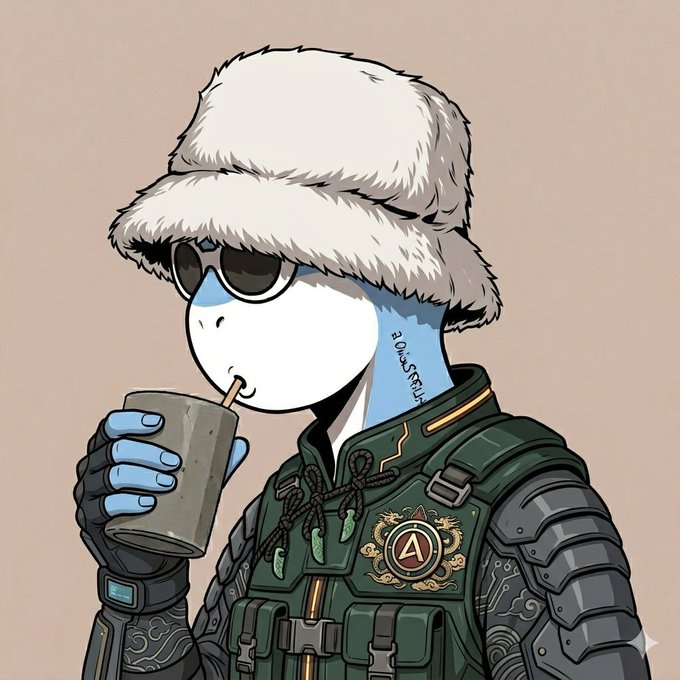 The image features a cartoon character dressed in military gear with sunglasses and holding a drink. The character appears to be drinking from a cup while wearing a hat, possibly a fur hat or a fedora. The background of the image is white, which contrasts with the colorful attire of the character. The caption provided seems unrelated to the image itself but might be an attempt to connect it to the post about using Tria for Web3 payments.