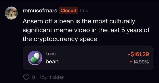 A social media post by "remusofmars" declares that "Ansem off a bean is the most culturally significant meme video in the last 5 years of the cryptocurrency space," accompanied by a screenshot showing the "Loss" token (ticker: bean) down 14.99% at -$161.29. The post humorously highlights the irony of chasing a hyped meme coin that has resulted in significant losses, playing on the "fomo thesis" concept referenced in the caption.