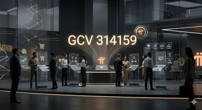 The image shows a group of people standing around a booth at a trade show or exhibition center. The booths display various items related to commerce and goods. One person is holding a camera and appears to be taking pictures. There are several individuals interacting with each other in groups, while others look on from different positions within the scene. A clock can also be seen hanging above the booth.

The focus of the post seems to be discussing how a virtual currency called "GCV" has emerged through the real pi network ecosystem, which is backed by pioneers who have created an enclosed digital infrastructure for it. The caption implies that this currency is gaining traction and acceptance within the economy, with many people already participating in its use or learning about it at trade shows like the one depicted in the image.