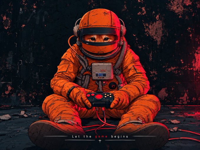 Illustrated poster of a small astronaut in an orange suit holding a game controller, with the caption “Let the game begins.”