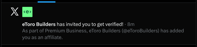 A dark-themed notification screenshot showing 'eToro Builders has invited you to get verified!' as part of the Premium Business affiliate program, timestamped 8m.