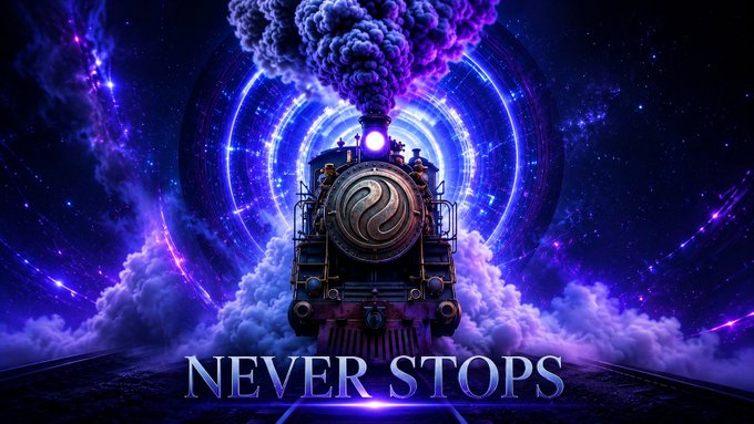 A powerful steam locomotive charges forward through a vibrant cosmic tunnel of purple and blue light, emitting billowing smoke, with the bold text "NEVER STOPS" beneath it—visually echoing the post's praise for @injective's unstoppable reliability amid other crypto projects' frequent downtime.