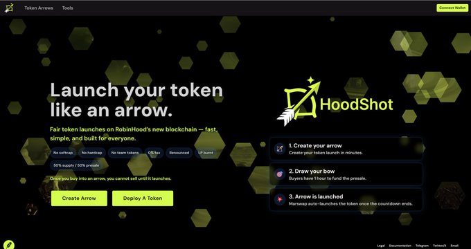 The image displays the HoodShot website homepage, promoting fair token launches on RobinHood's new blockchain with the tagline "Launch your token like an arrow," featuring tags like "No softcap," "No hardcap," and "100% supply," alongside a three-step process: create arrow, draw your bow, and arrow launched. This visually reinforces the announcement of HOODSHOT as the first fully safe fair-launch platform on Robinhood's blockchain, aligning with the post's excitement about the platform's launch and its rapid ecosystem growth.