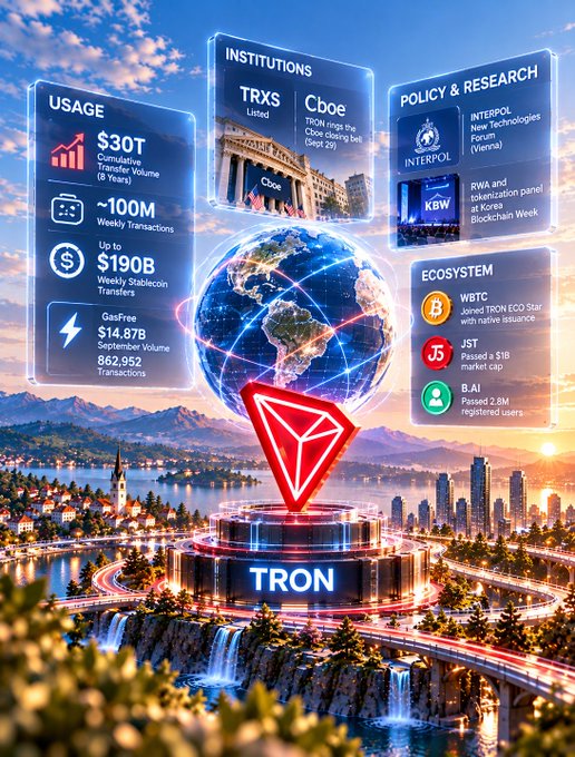 A stylized infographic centered on a glowing TRON logo atop a futuristic podium, displaying September ecosystem data: $30T cumulative transfer volume (~8 years), ~100M weekly transactions, up to $190B in weekly stablecoin transfers, $14.87B gas-free September volume with 862,952 transactions, institutional partnerships with TRX-listed TRON on Cboe, INTERPOL's new technologies forum in Vienna, RWA and tokenization panels in Korea, and ecosystem milestones including WBTC (TRON ECO Star), JST ($1B market cap), and B.AI (2.8M registered users).
