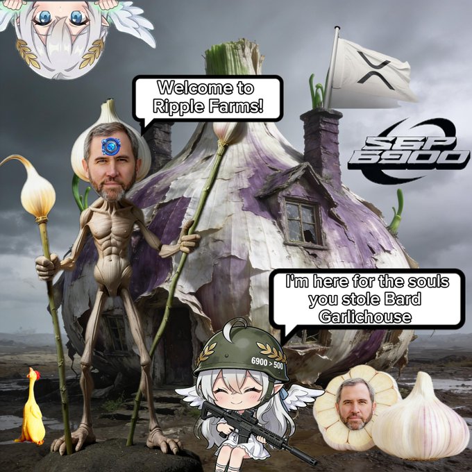 The image features a cartoon character dressed as a man, holding a sword and standing next to a giant purple onion house. The character also has a gun in his hand. In the background, there are two more characters - one with wings and another with a flag. The text of the post reads "Welcome to Ripple Farms! I'm here for the souls you steal Bard garlichouse. Long live SPX!"