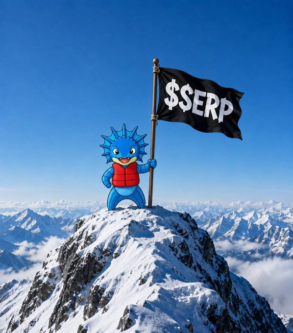 A cartoon blue pufferfish character in a red vest stands triumphantly atop a snowy mountain peak, planting a black flag reading '$SERP' under a clear blue sky.