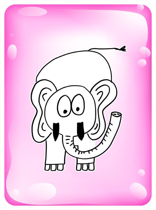 A coloring page illustration of a cartoon elephant with large ears, tusks, and a raised trunk, set against a pink background.