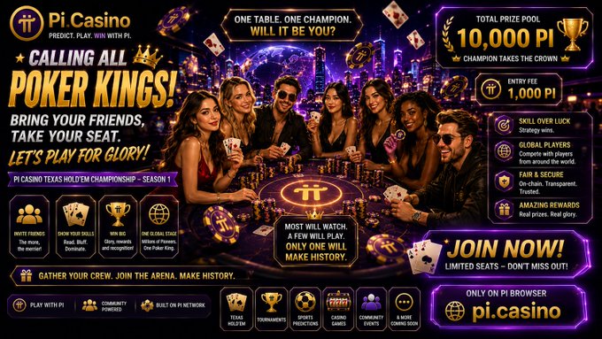 The promotional banner advertises the "Pi Casino Texas Hold'em Championship – Season 1" with a 10,000 Pi prize pool and 1,000 Pi entry fee, featuring six players around a poker table and messaging like "Calling All Poker Kings!" and "Will It Be You?" alongside a "Join Now" call-to-action directing users to pi.casino, matching the post's call for the first Pi Casino Poker King.