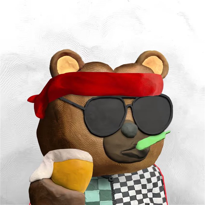 A 3D rendered brown bear wearing black sunglasses and a red headband, holding a brush and a green toothbrush in its mouth, dressed in a checkered shirt.