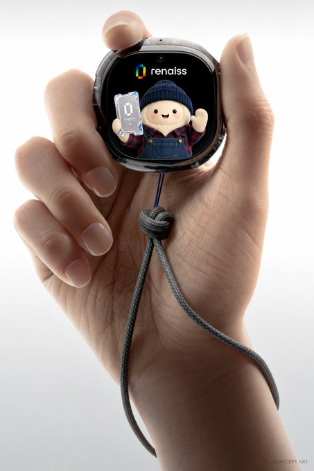 A hand holds a smartwatch displaying the 'renaiss' app logo and a 3D character in overalls waving.