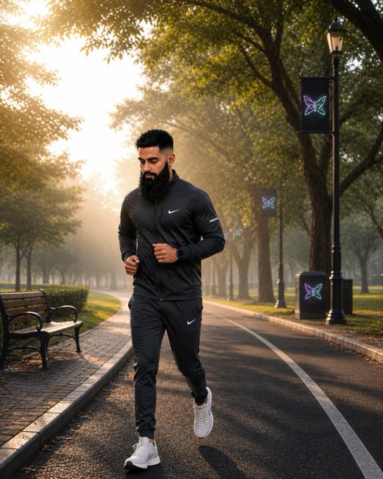 Stylized photo of a bearded man in Nike athletic wear running through a tree-lined park path in the early morning light, with butterfly-decorated lampposts visible.