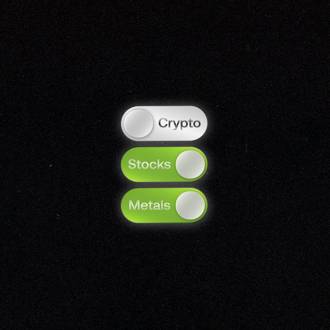 Three toggle switches are displayed on a black background: "Crypto" is set to off (gray, left position), while "Stocks" and "Metals" are activated (green, right position), visually representing a single wallet interface that lets users seamlessly switch between crypto, tokenized stocks, and metals as capital rotates across asset classes.