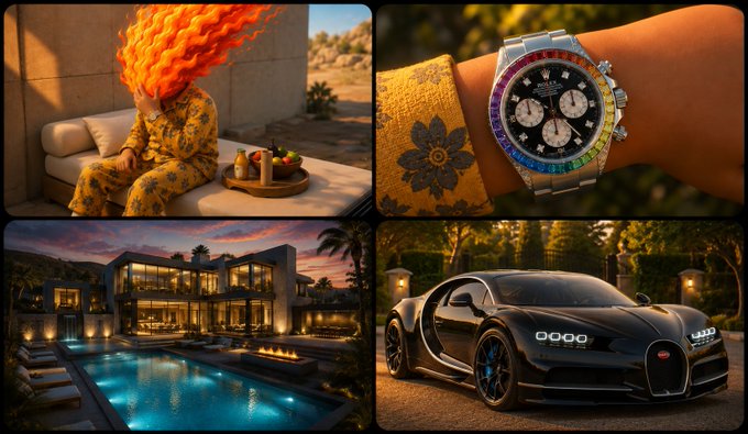 A four-panel collage showing a character with a flaming head, a luxury Rolex watch with a rainbow bezel, a modern mansion with an illuminated pool, and a black Bugatti sports car.