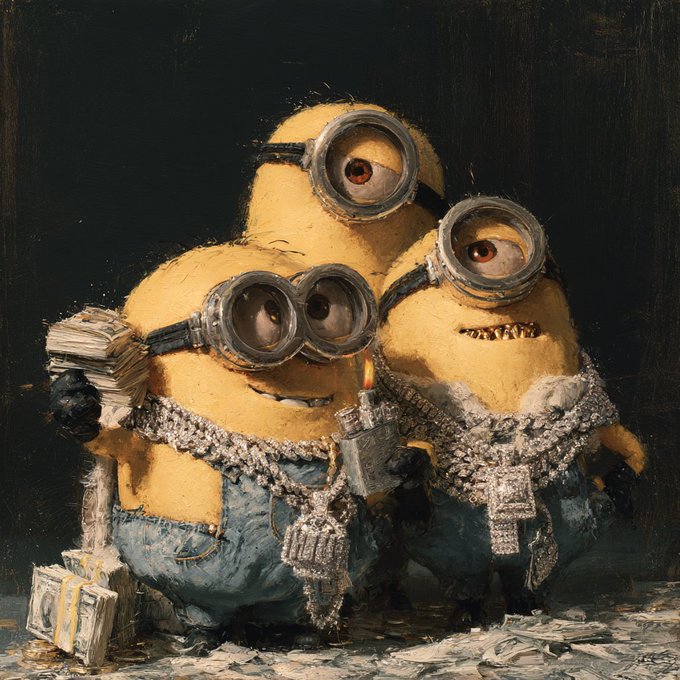 An artistic painting depicting three Minions dressed in elaborate diamond-encrusted chains and overalls, counting stacks of cash by candlelight in a style reminiscent of a Dutch Golden Age still life.