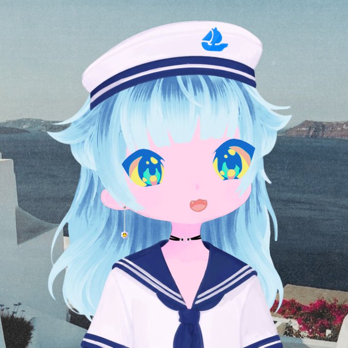 An anime-style illustration shows a character with long light blue hair wearing a white and navy sailor hat with a sailboat emblem, along with a matching sailor uniform. The character's large eyes contain colorful ocean and sky imagery, fitting the nautical theme of the verified "fuwa" NFT collection now boasting 1,170+ holders on OpenSea.