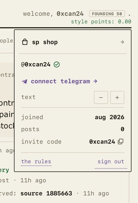 The image shows a user account menu for "0xcan24" on what appears to be the purealpha.app platform, displaying a "FOUNDING 50" badge, 0.00 style points, and an August 2026 join date with 0 posts. In the context of the post asking if they are "the last buy as founding," this screenshot serves as proof of their founding member status on the platform.