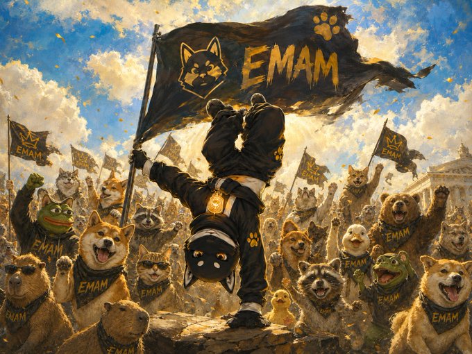 The image features a large group of dogs, including a dog wearing a bandana with the word "EMAM" written on it, standing together against a blue sky background. The dogs are arranged in various positions, some holding flags or banners while others appear to be dancing. The scene is reminiscent of a parade or a celebration, and there's also an image of a person with a dog wearing sunglasses, possibly indicating that the event takes place outdoors on a sunny day.

The post includes text that reads "MAME is The Last Shiba. EMAM is The First Upside Down Dog." This suggests that the dogs in the image are part of a themed event or celebration related to the character Mame from the anime series "Emam".