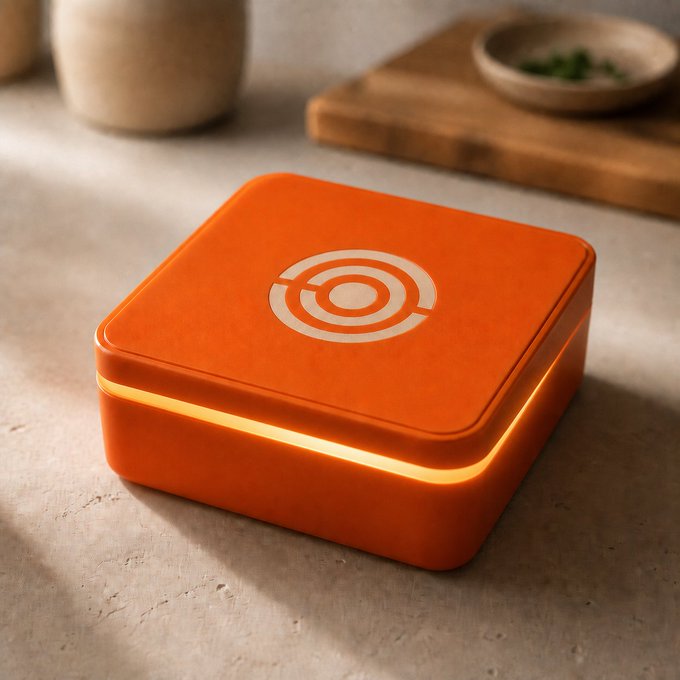 An orange square device with a glowing yellow light strip sits on a stone counter, featuring a white circular logo on top, with a wooden cutting board and ceramic dish blurred in the background.