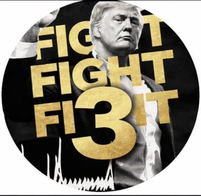 Circular meme image showing a Trump-style figure with raised fist overlaid with the gold text 'FIGHT FIGHT FIGHT 3' repeated.