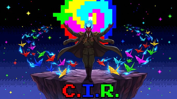 Pixel art illustration of a sinister military figure with blue hair standing on a cliff surrounded by colorful glowing origami cranes, with 'C.I.R.' text displayed at the bottom.
