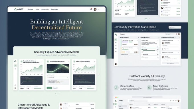 Website screenshot for AINFT titled 'Building an Intelligent Decentralized Future' showcasing AI model tools, a Community Innovation Marketplace, and features for decentralized AI development.