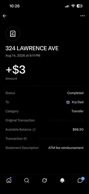 A Cash App transaction receipt showing a +$3 completed transfer to 'Xrp Dad' on Aug 14, 2026, labeled as 'ATM fee reimbursement' with an available balance of $96.50.