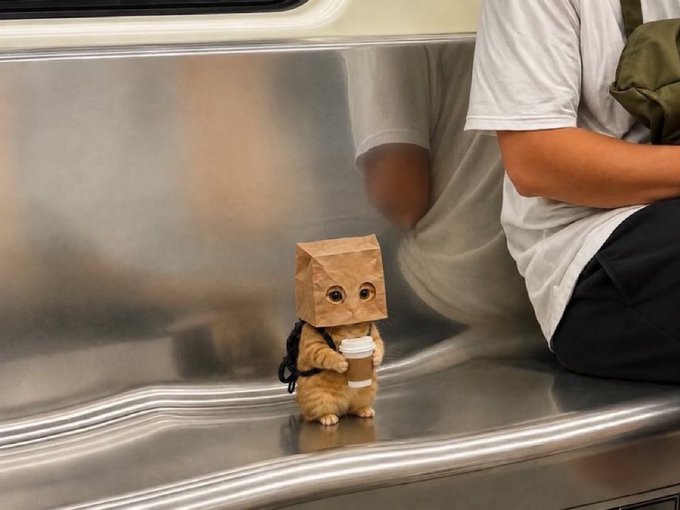 An orange cat wearing a brown paper bag on its head sits on a subway bench holding a tiny paper coffee cup, with a person in a white shirt seated beside it. The image playfully illustrates the caption "Just refueling for the next leg $ZCAT" by depicting the cat literally sipping a coffee as if preparing for another journey.