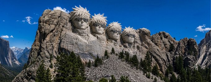 The image humorously depicts Mount Rushmore with the faces of the four main characters from the anime "Naruto" (Naruto, Sasuke, Sakura, and Kakashi) carved into the rock, reimagined as a monument to the beloved series. The image relates to the hopeful post "Gm fam, Better days are coming" by drawing a playful parallel between the iconic "better days ahead" sentiment and the enduring, monumental legacy of anime characters who have inspired fans through their own journeys of perseverance and hope.