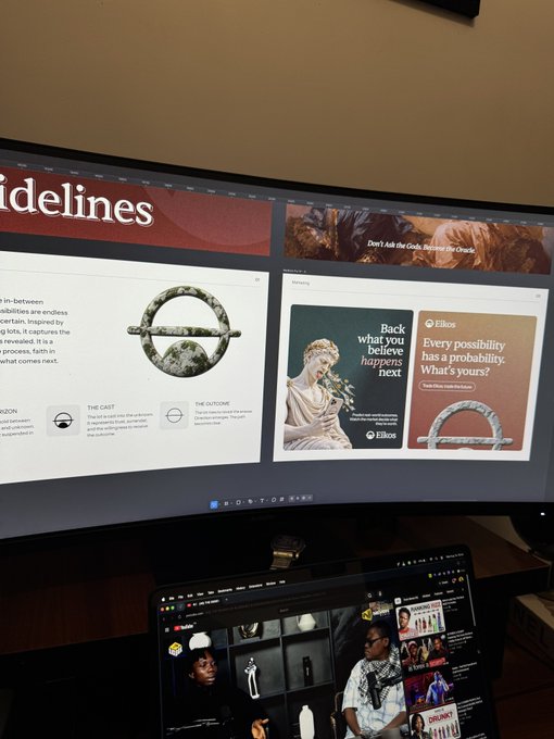 A photograph of a curved monitor displaying the 'Fort of Sike' website with sections titled 'THE CAST' and 'THE OUTCOME', alongside a laptop showing a video call in the background.